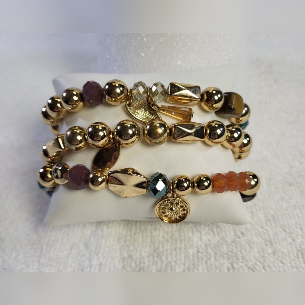 Multi-Colored Gold Tone Beaded Bracelet Set of 3 – Boho Charm Stack - Picture 5 of 8